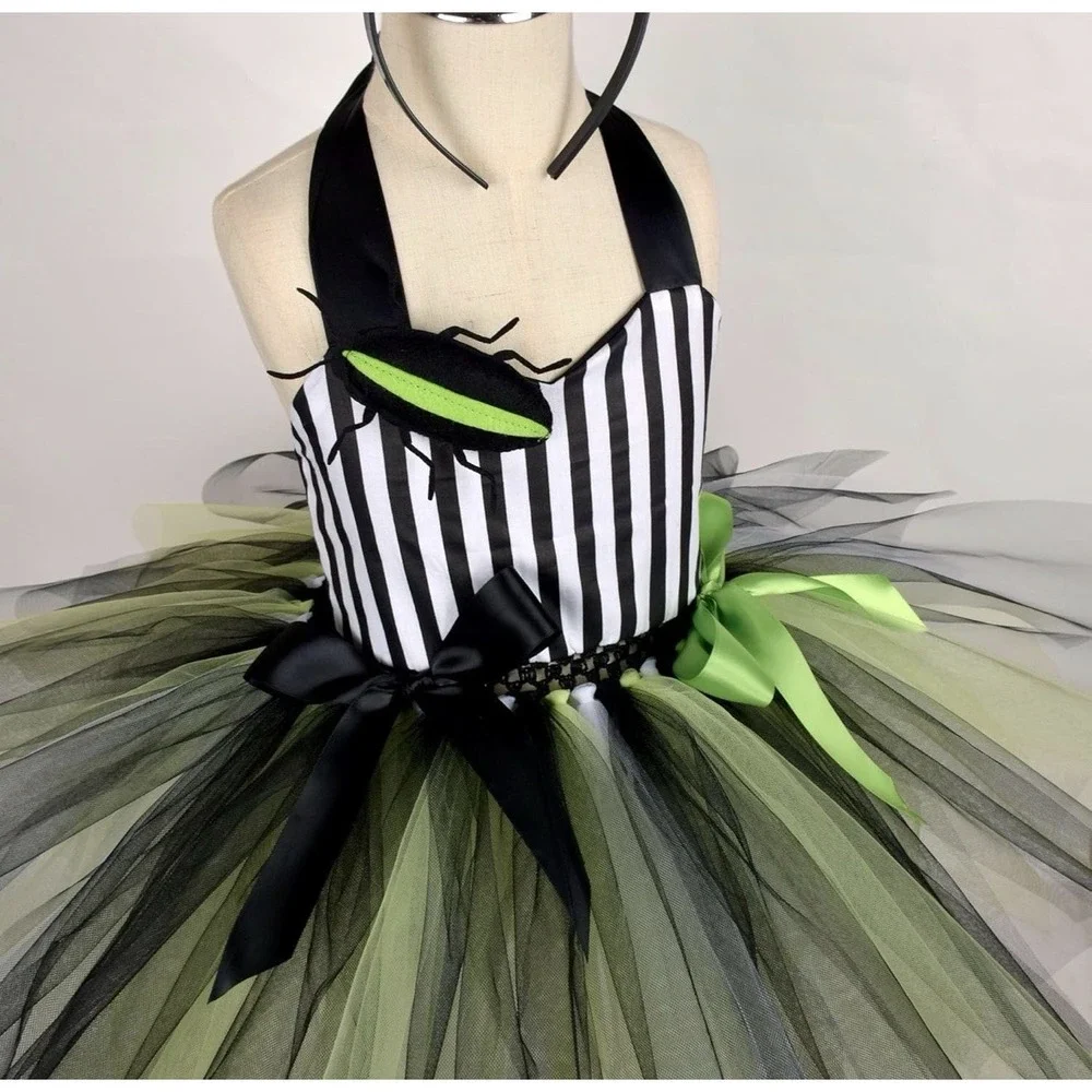 Girls Beetlejuice Inspired Halloween Costume Tutu Dress & Headband Set Green 5-6